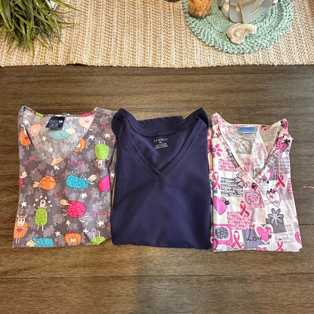 Scrub Tops Bundle of 3  V-Neck Prints Janus Navy, Pink‎ Ribbon, Sheep,Women's XL